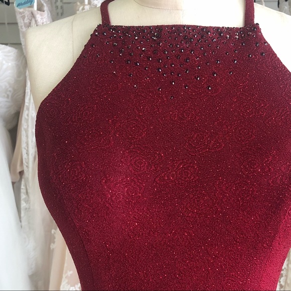 Burgundy, High Neck, High Slit Prom Dress fitted - Picture 8 of 8